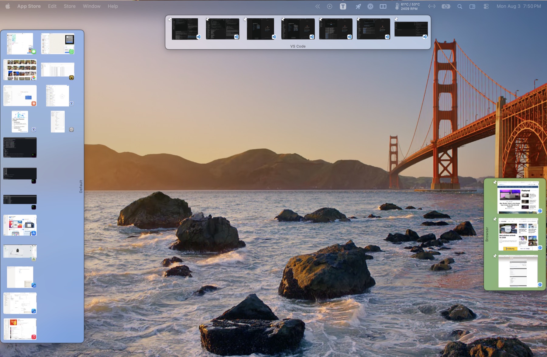 Three Tabify strips on a Mac desktop: a tall one on the left, one across the top, and a floating green one on the right